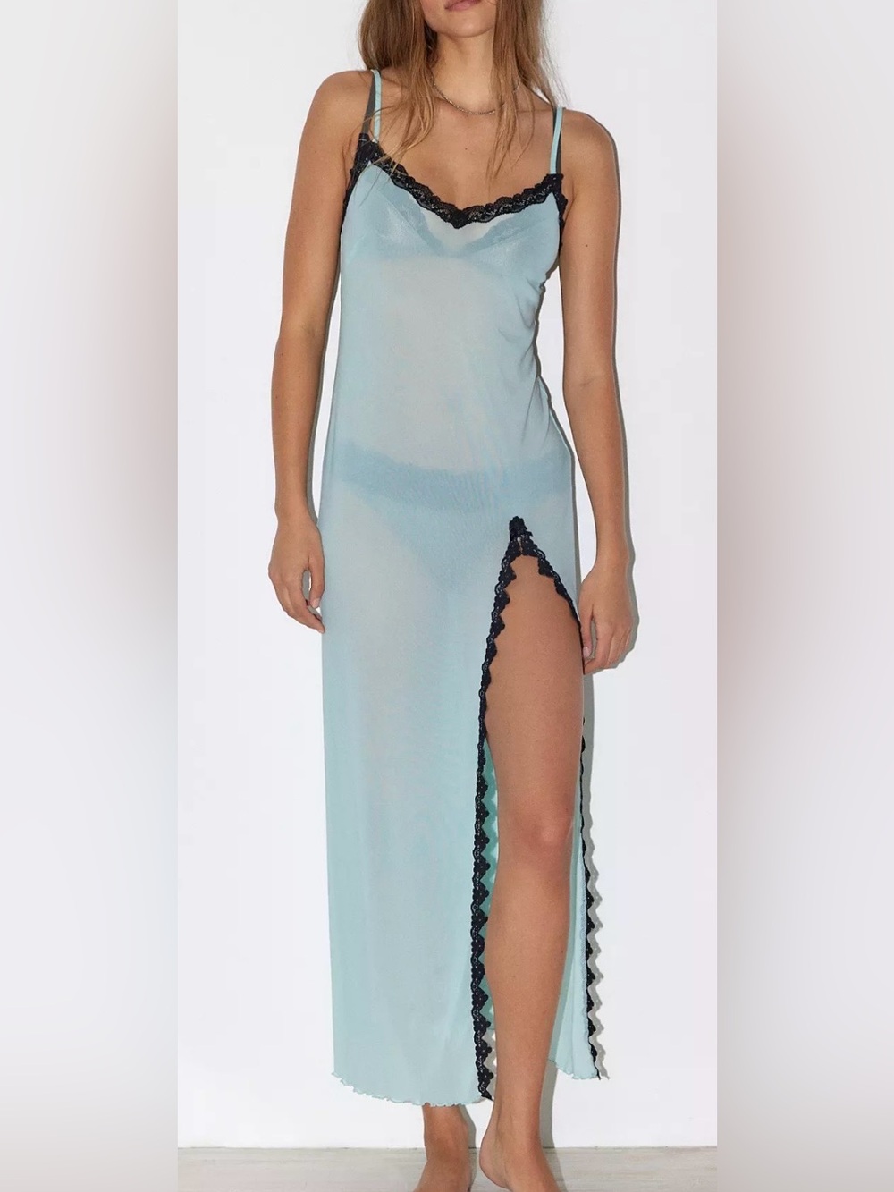 Out From Under Cherie Sheer Midi Slip Dress Icy Blue Black Lace Y2K Going Out